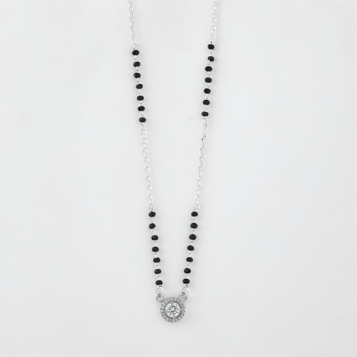 chic black beaded mangalsutra with classic round diamond pendant