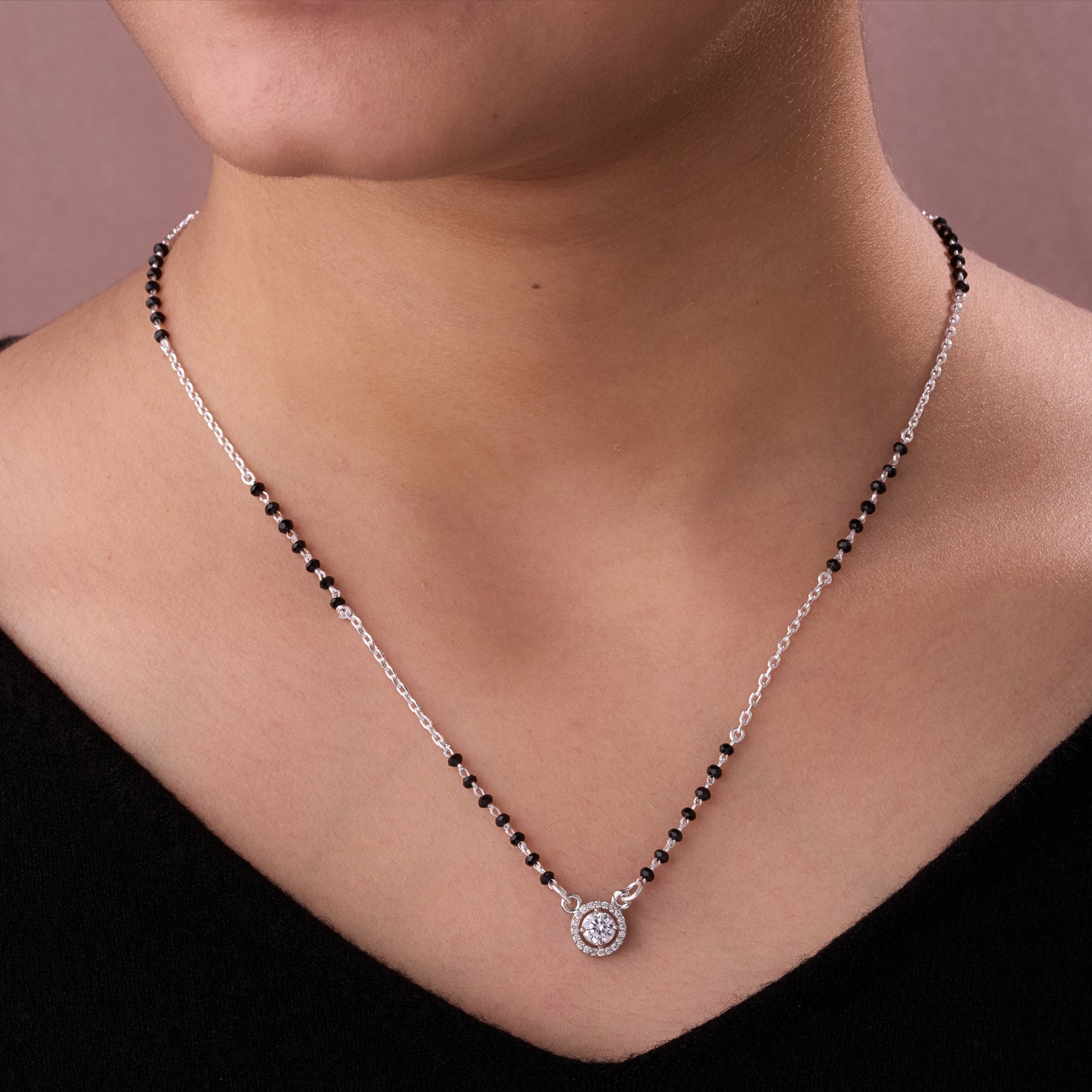 chic black beaded mangalsutra with classic round diamond pendant