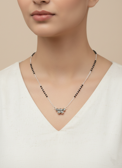 Elegant Silver-Tone Geometric Studded Mangalsutra with Black Beaded Chain & Matching Earrings