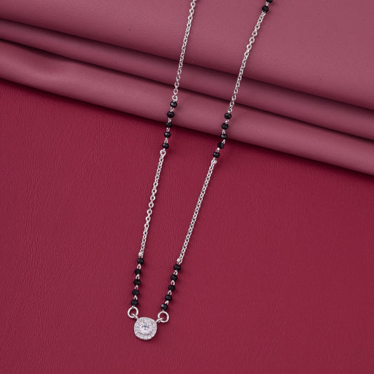 Elegant Black Beaded Mangalsutra with Sparkling Round Halo Pendant