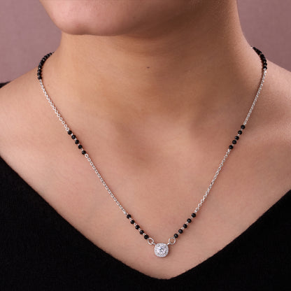 Elegant Black Beaded Mangalsutra with Sparkling Round Halo Pendant