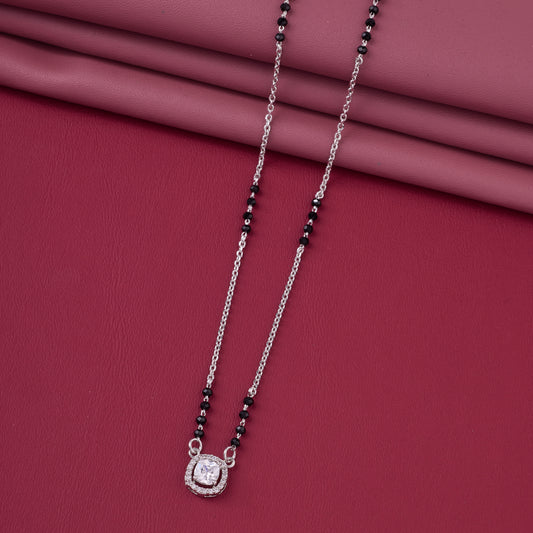 Graceful Silver-Tone Mangalsutra with Black Beads and Sparkling Cushion-Cut Pendant