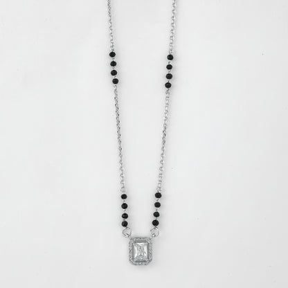 Elegant Silver-Tone Mangalsutra with Black Beads and Sparkling Emerald-Cut Pendant