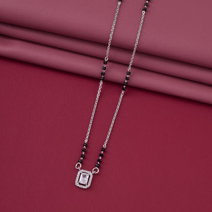 Elegant Silver-Tone Mangalsutra with Black Beads and Sparkling Emerald-Cut Pendant