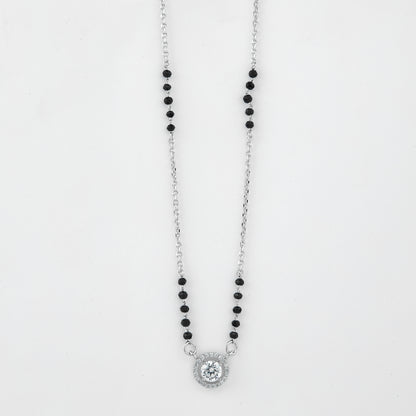 Elegant Silver-Tone Mangalsutra with Black Beads and Sparkling Double Halo Round Pendant
