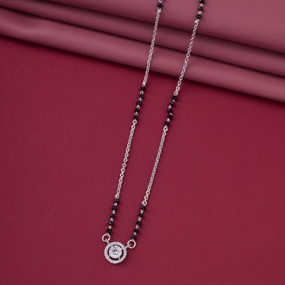Elegant Silver-Tone Mangalsutra with Black Beads and Sparkling Double Halo Round Pendant