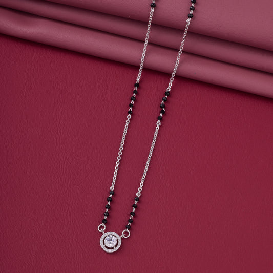Elegant Silver-Tone Mangalsutra with Black Beads and Sparkling Double Halo Round Pendant