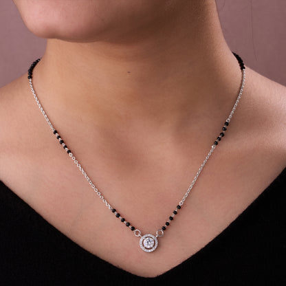 Elegant Silver-Tone Mangalsutra with Black Beads and Sparkling Double Halo Round Pendant