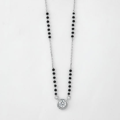 Chic Silver-Tone Mangalsutra with Black Beads and Sparkling Circular Solitaire Pendant