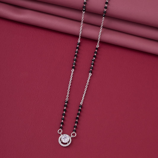 Chic Silver-Tone Mangalsutra with Black Beads and Sparkling Circular Solitaire Pendant