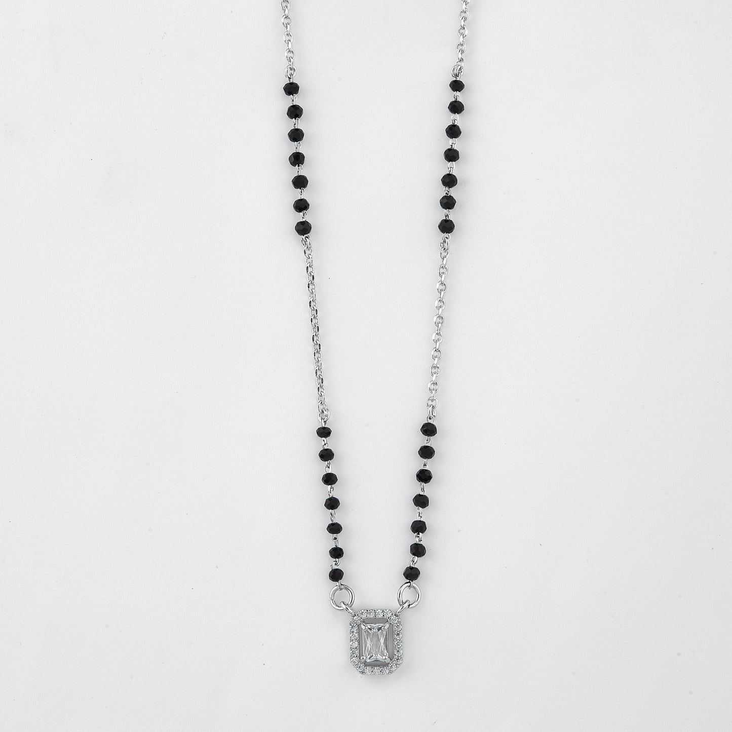 stylish silver-tone mangalsutra with black beads and sparkling rectangular halo pendant