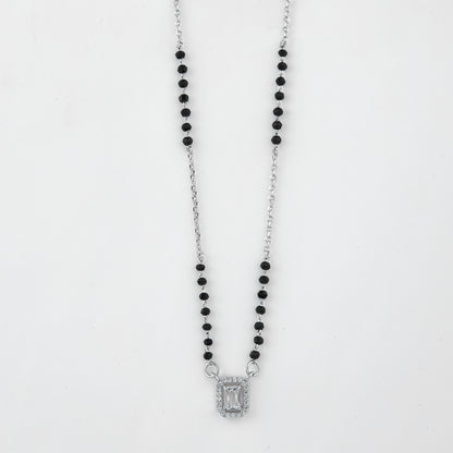 Stylish Silver-Tone Mangalsutra with Black Beads and Sparkling Rectangular Halo Pendant