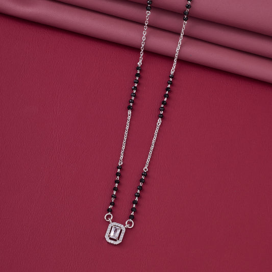 Stylish Silver-Tone Mangalsutra with Black Beads and Sparkling Rectangular Halo Pendant