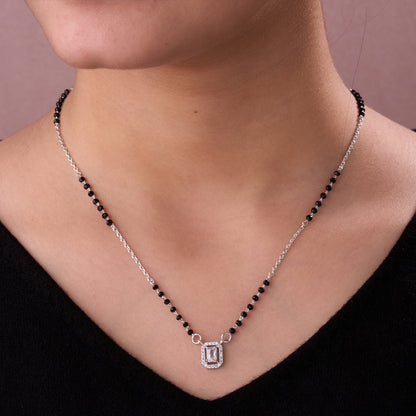 Stylish Silver-Tone Mangalsutra with Black Beads and Sparkling Rectangular Halo Pendant