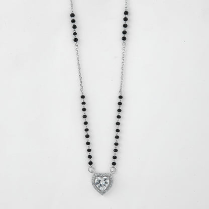 Elegant Silver-Tone Mangalsutra with Black Beads and Sparkling Heart-Shaped Halo Pendant