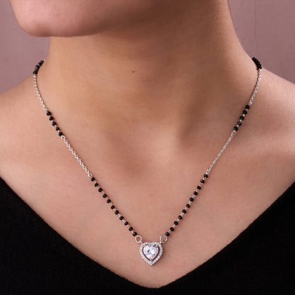 Elegant Silver-Tone Mangalsutra with Black Beads and Sparkling Heart-Shaped Halo Pendant