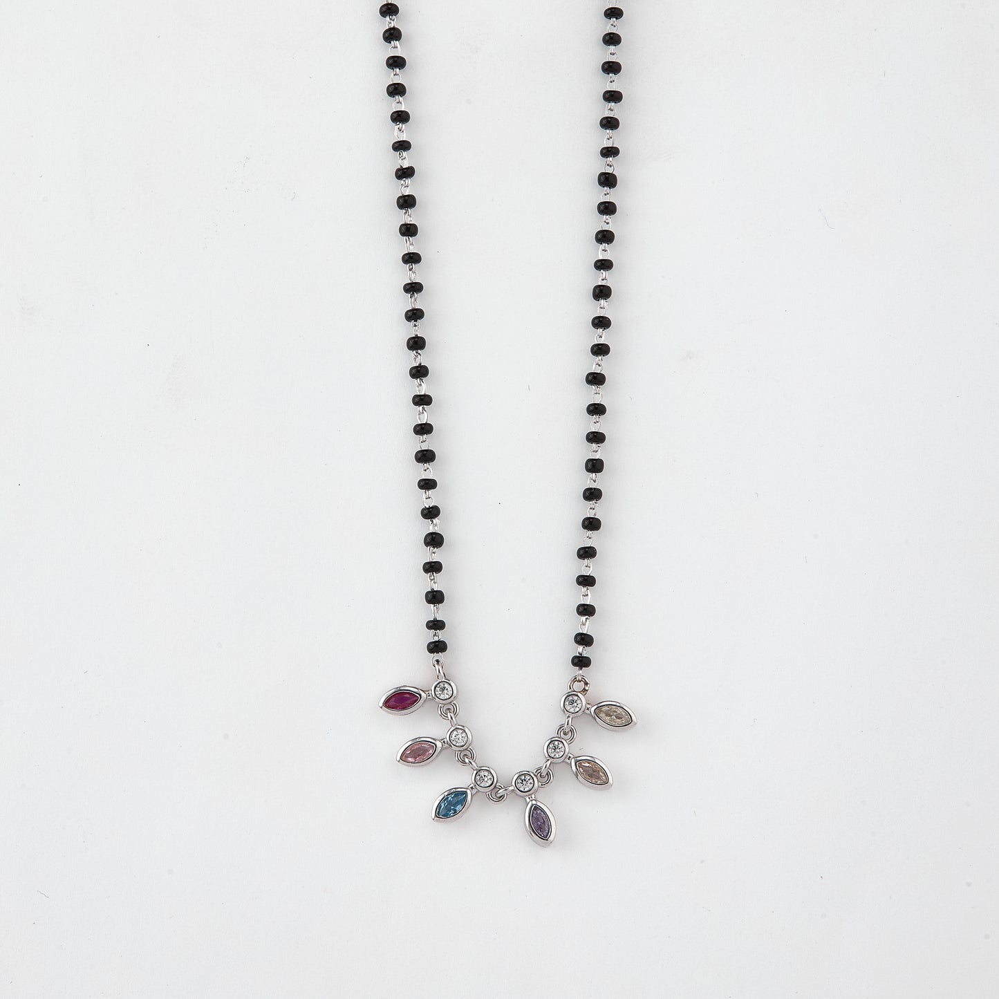 stylish black beaded mangalsutra with multicolor marquise stone drop design