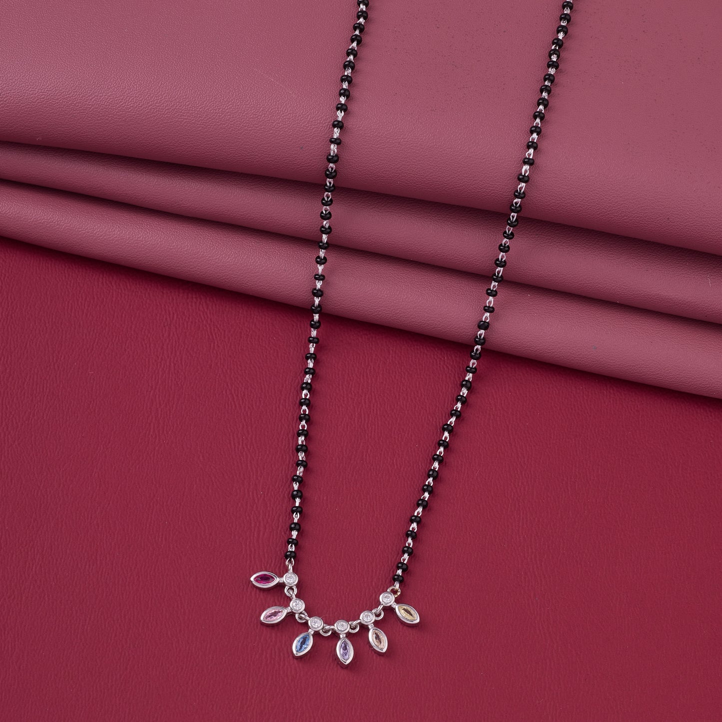 stylish black beaded mangalsutra with multicolor marquise stone drop design