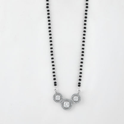 Elegant Silver-Tone Mangalsutra with Black Beads and Triple Square Halo Pendant Design