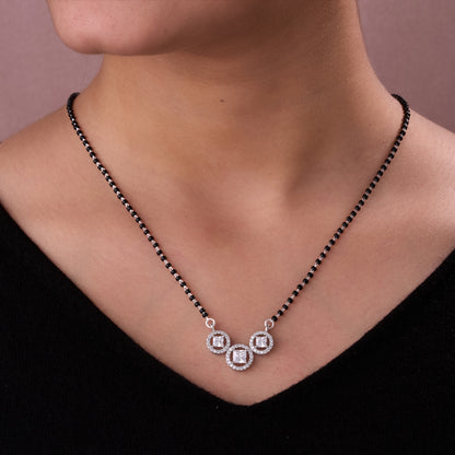 Elegant Silver-Tone Mangalsutra with Black Beads and Triple Square Halo Pendant Design
