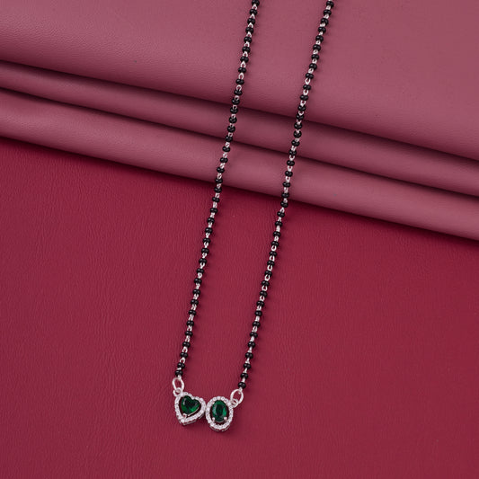 Elegant Silver-Tone Mangalsutra with Black Beads and Dual Heart & Oval Halo Pendants