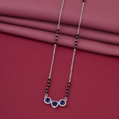 Elegant Silver-Tone Mangalsutra with Black Beads and Triple Blue Stone Heart Pendant
