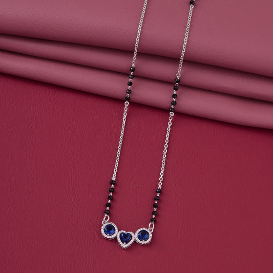 Elegant Silver-Tone Mangalsutra with Black Beads and Triple Blue Stone Heart Pendant