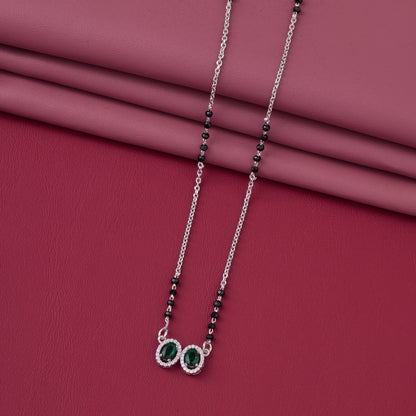 Elegant Silver-Tone Mangalsutra with Black Beads and Dual Oval Halo Pendants