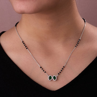 Elegant Silver-Tone Mangalsutra with Black Beads and Dual Oval Halo Pendants