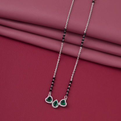 Elegant Silver-Tone Mangalsutra with Black Beads and Triple Teardrop Stone Pendant