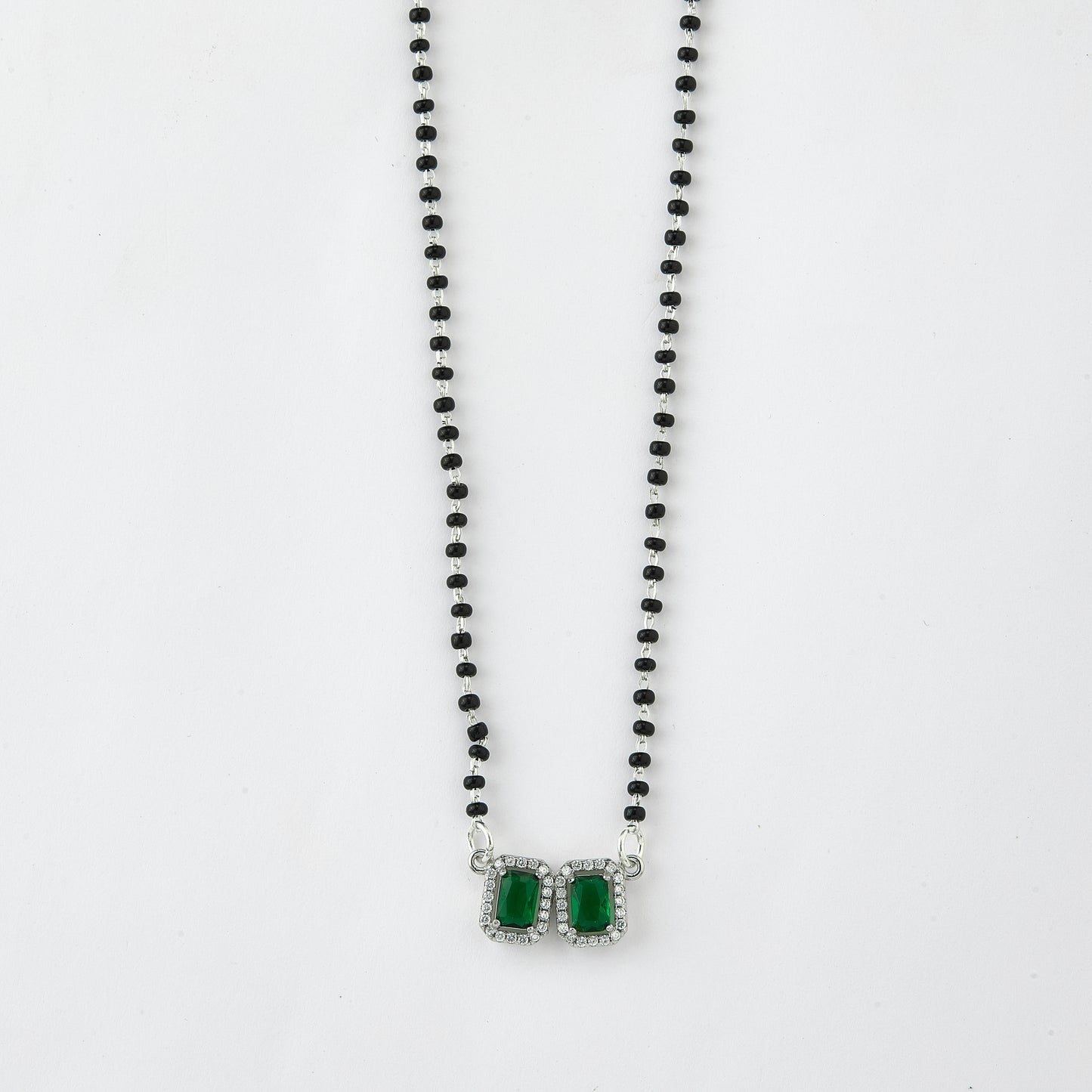 elegant silver-tone mangalsutra with black beads and dual rectangular halo pendants