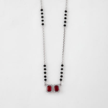 Elegant Silver-Tone Mangalsutra with Black Beads and Dual Rectangular Halo Pendants