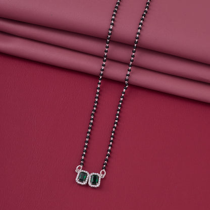 Elegant Silver-Tone Mangalsutra with Black Beads and Dual Rectangular Halo Pendants