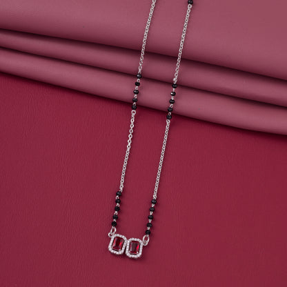 Elegant Silver-Tone Mangalsutra with Black Beads and Dual Rectangular Halo Pendants