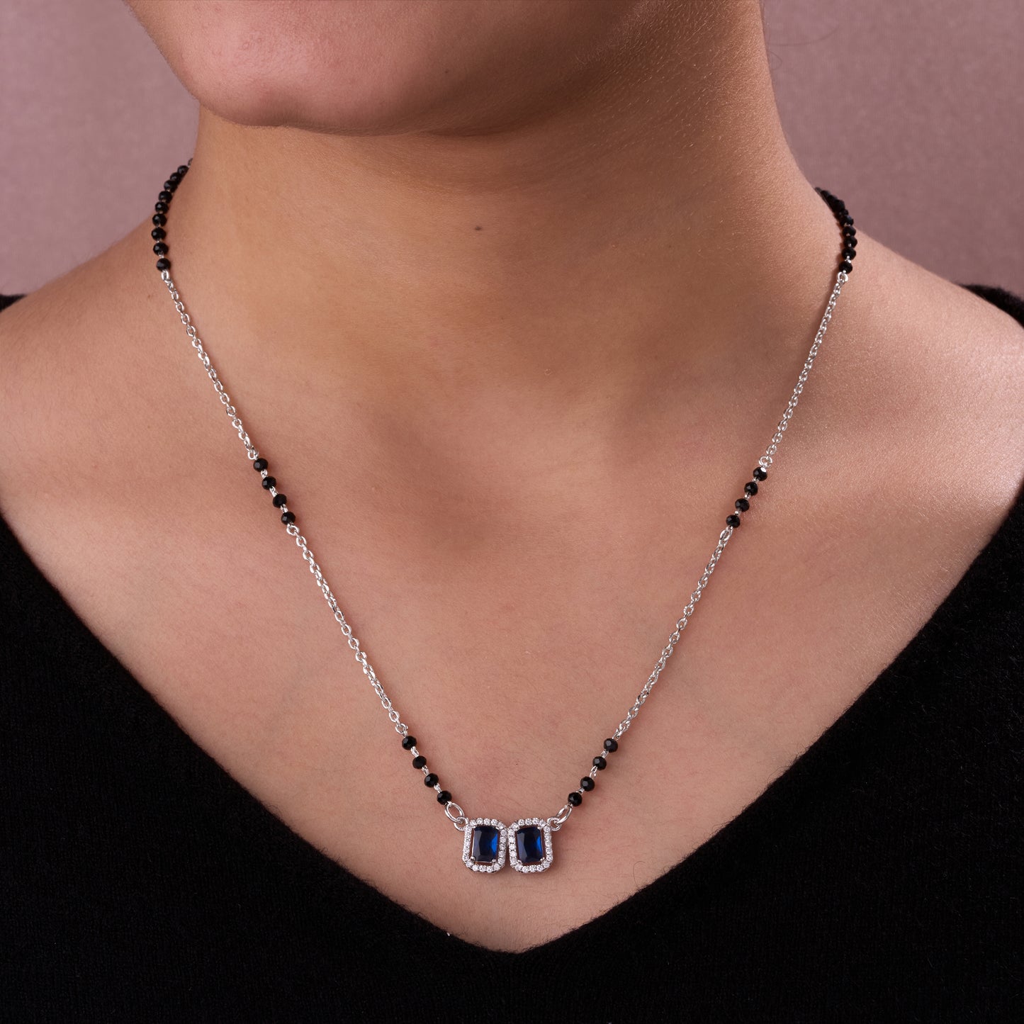 elegant silver-tone mangalsutra with black beads and dual rectangular halo pendants