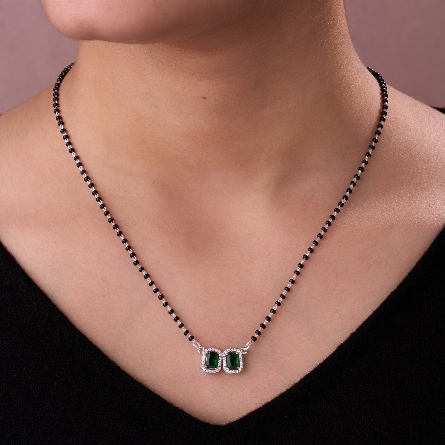 elegant silver-tone mangalsutra with black beads and dual rectangular halo pendants