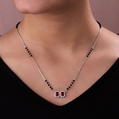 Elegant Silver-Tone Mangalsutra with Black Beads and Dual Rectangular Halo Pendants