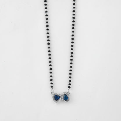 Elegant Silver-Tone Mangalsutra with Black Beads and Dual Heart & Teardrop Halo Pendants