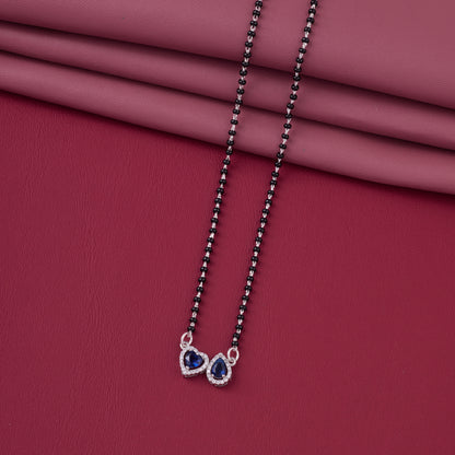 Elegant Silver-Tone Mangalsutra with Black Beads and Dual Heart & Teardrop Halo Pendants