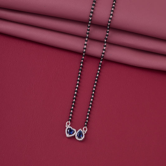 Elegant Silver-Tone Mangalsutra with Black Beads and Dual Heart & Teardrop Halo Pendants