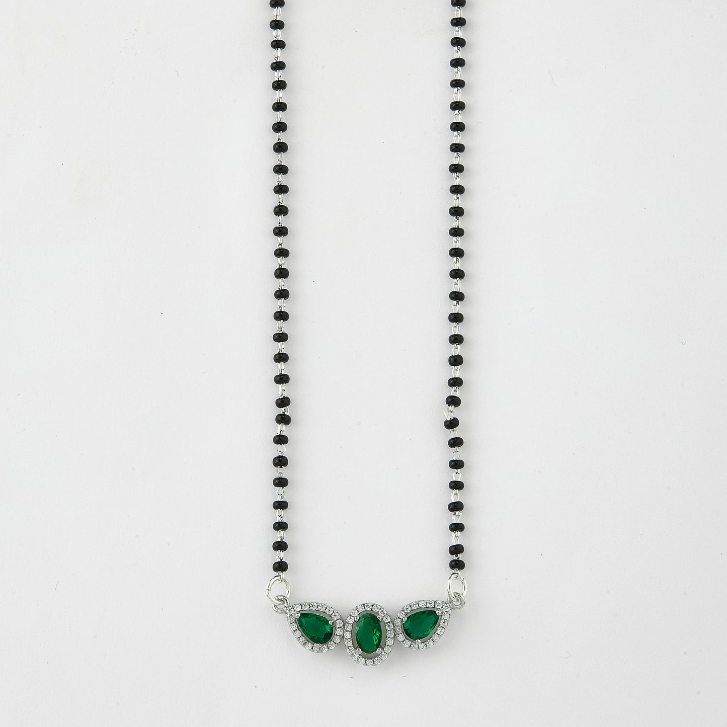 elegant silver-tone mangalsutra with black beads and triple blue teardrop halo pendant