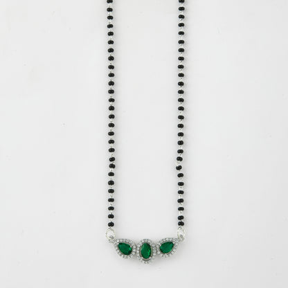 Elegant Silver-Tone Mangalsutra with Black Beads and Triple Blue Teardrop Halo Pendant