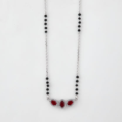 Elegant Silver-Tone Mangalsutra with Black Beads and Triple Blue Teardrop Halo Pendant