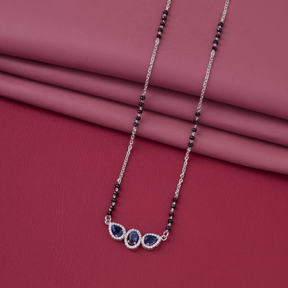 Elegant Silver-Tone Mangalsutra with Black Beads and Triple Blue Teardrop Halo Pendant