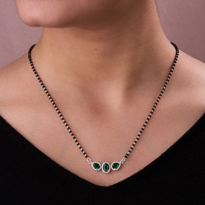 Elegant Silver-Tone Mangalsutra with Black Beads and Triple Blue Teardrop Halo Pendant