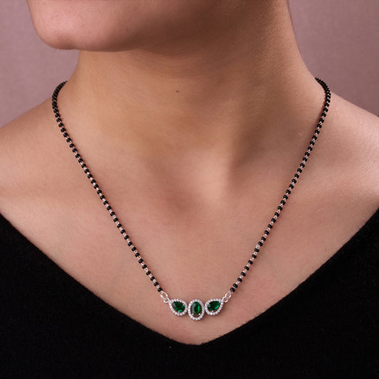 Elegant Silver-Tone Mangalsutra with Black Beads and Triple Blue Teardrop Halo Pendant