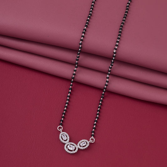 Elegant Silver-Tone Mangalsutra with Black Beads and Triple Oval Crystal Halo Pendant