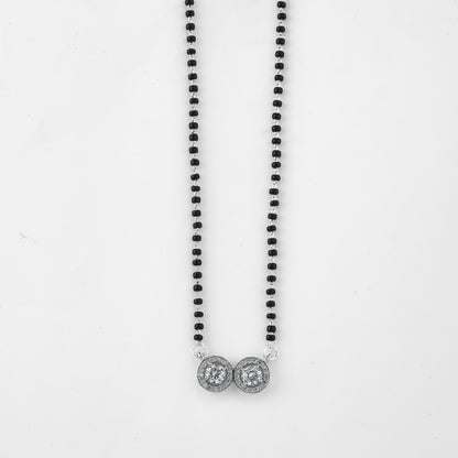 Elegant Silver-Tone Mangalsutra with Black Beads and Dual Round Crystal Halo Pendants