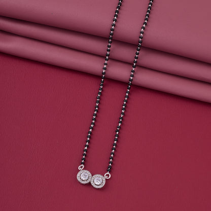 Elegant Silver-Tone Mangalsutra with Black Beads and Dual Round Crystal Halo Pendants