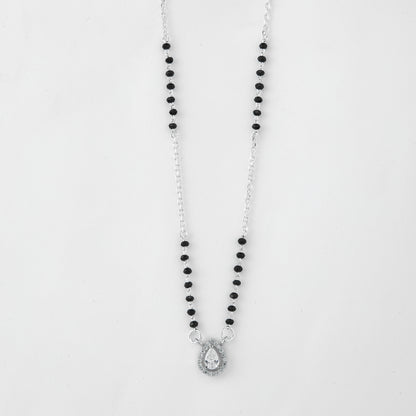 Elegant Silver-Tone Mangalsutra with Black Beads and Teardrop Crystal Halo Pendant